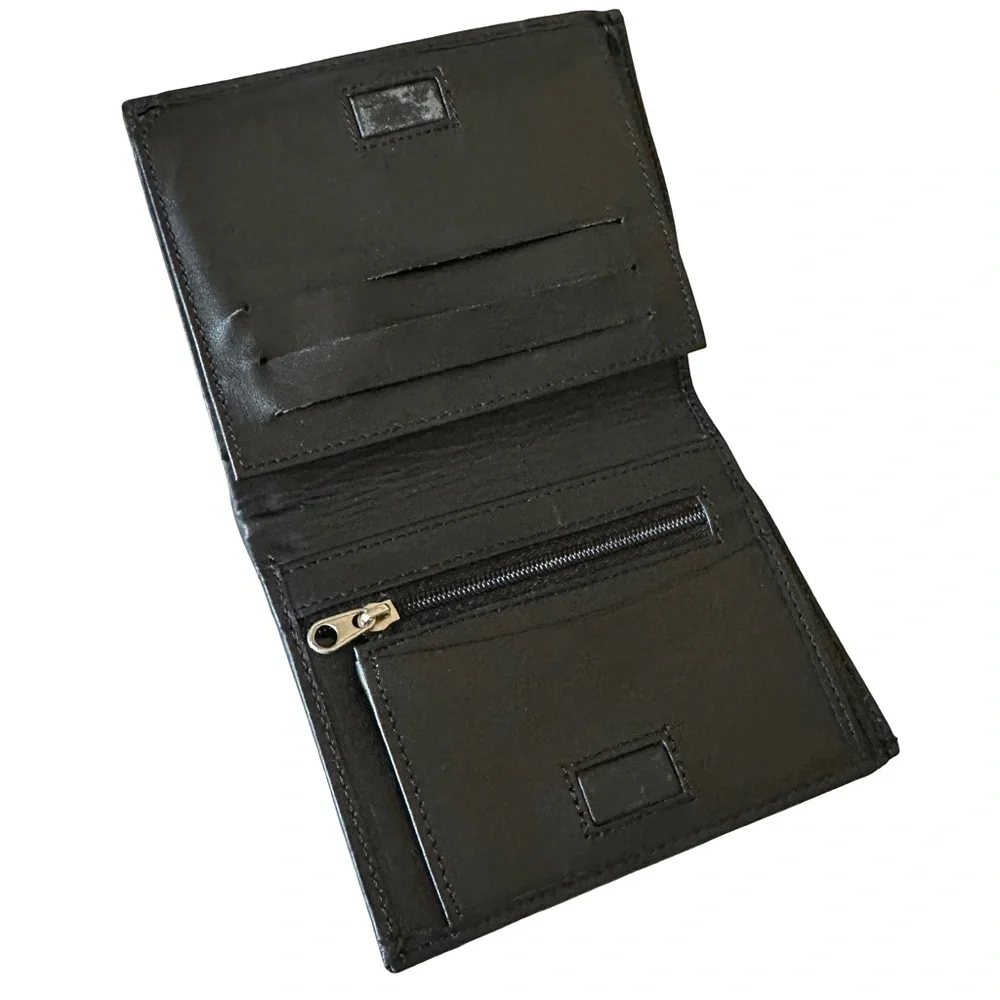 Genuine Leather Black Wallet Zip Snap Closure Card Holder Cash Compartments GUC